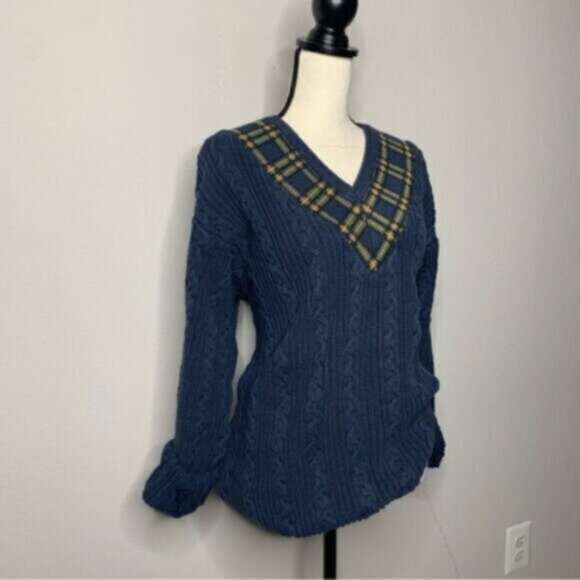 Dockers Vintage Navy Blue Cable Knit Plaid V-Neck Accent Oversized Sweater - Picture 6 of 15